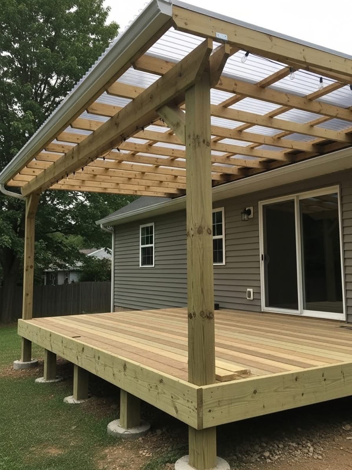 A large wooden deck with a translucent roof attached to a grey house.