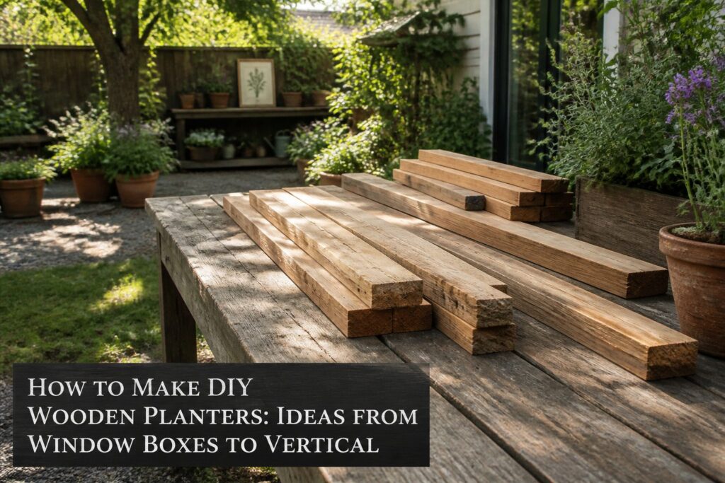 Different styles of wooden planters arranged for DIY gardening.