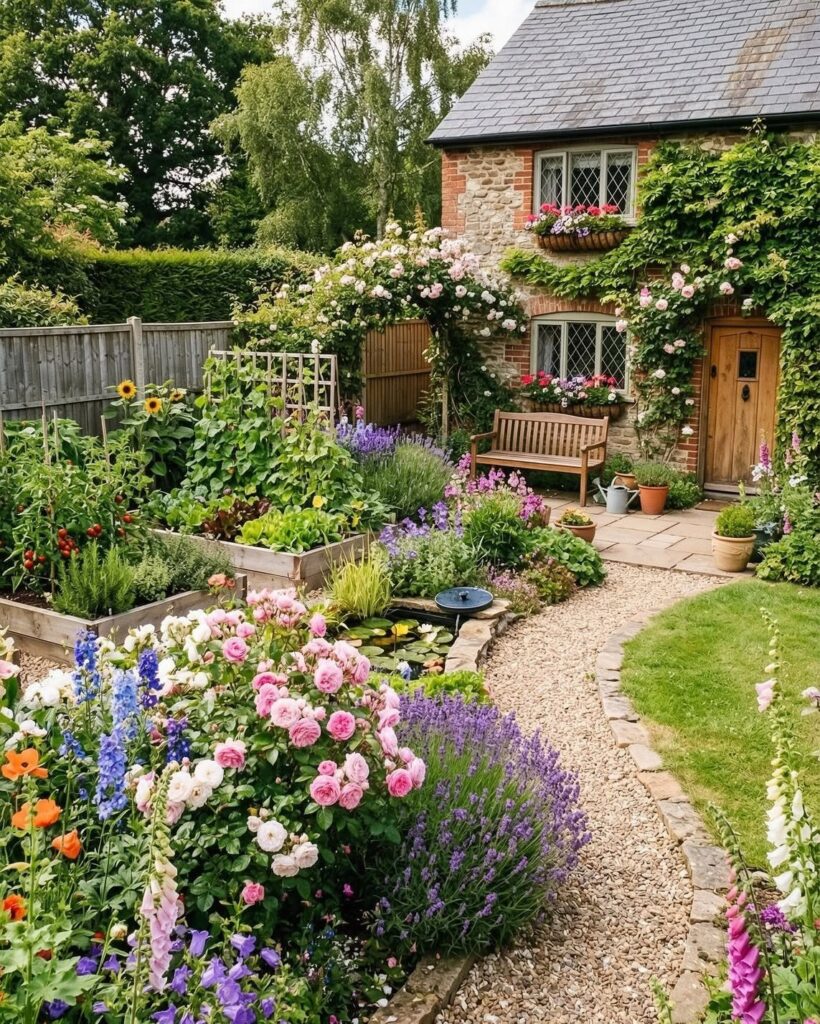 Colorful flower gardens with a gravel pathway and stone edging next to a stone cottage.