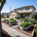 Corrugated metal raised garden beds filled with green plants arranged in a landscaped front yard.
