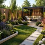 Stone tile path winding through a lush garden with green lawn and flowering plants.