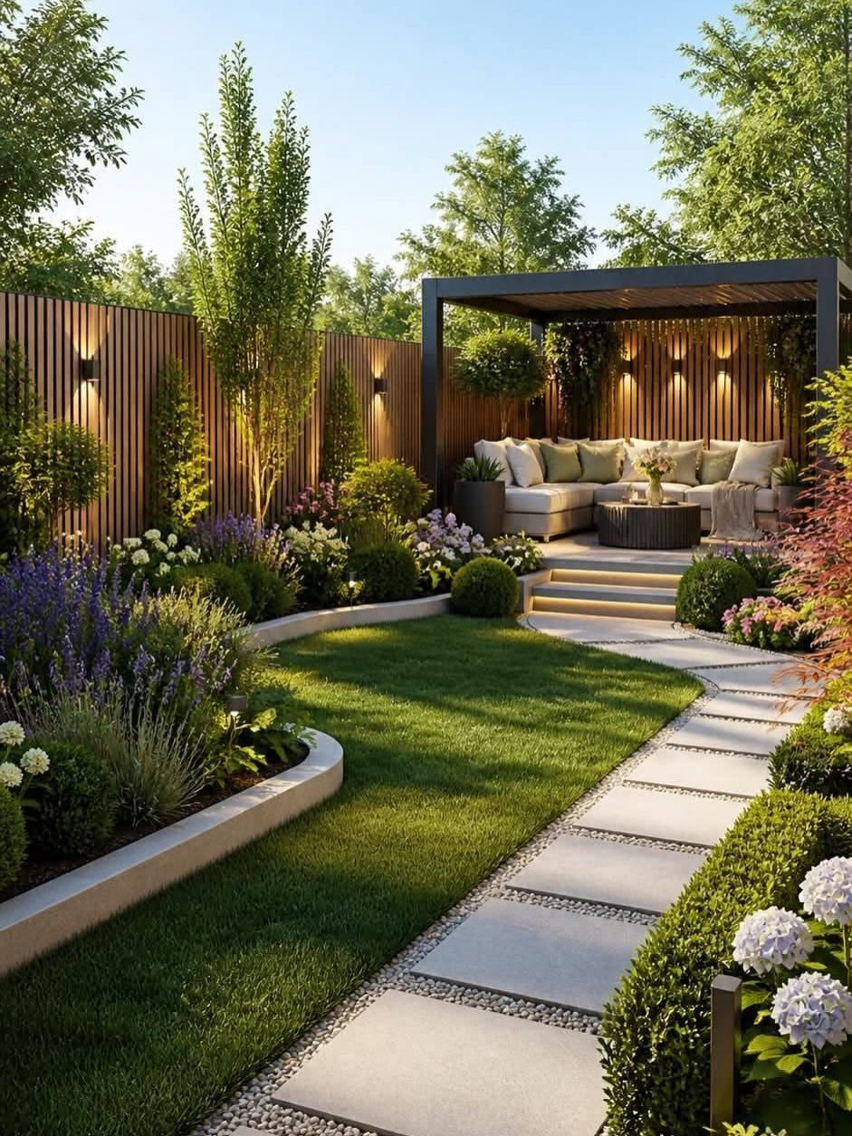 Stone tile path winding through a lush garden with green lawn and flowering plants.