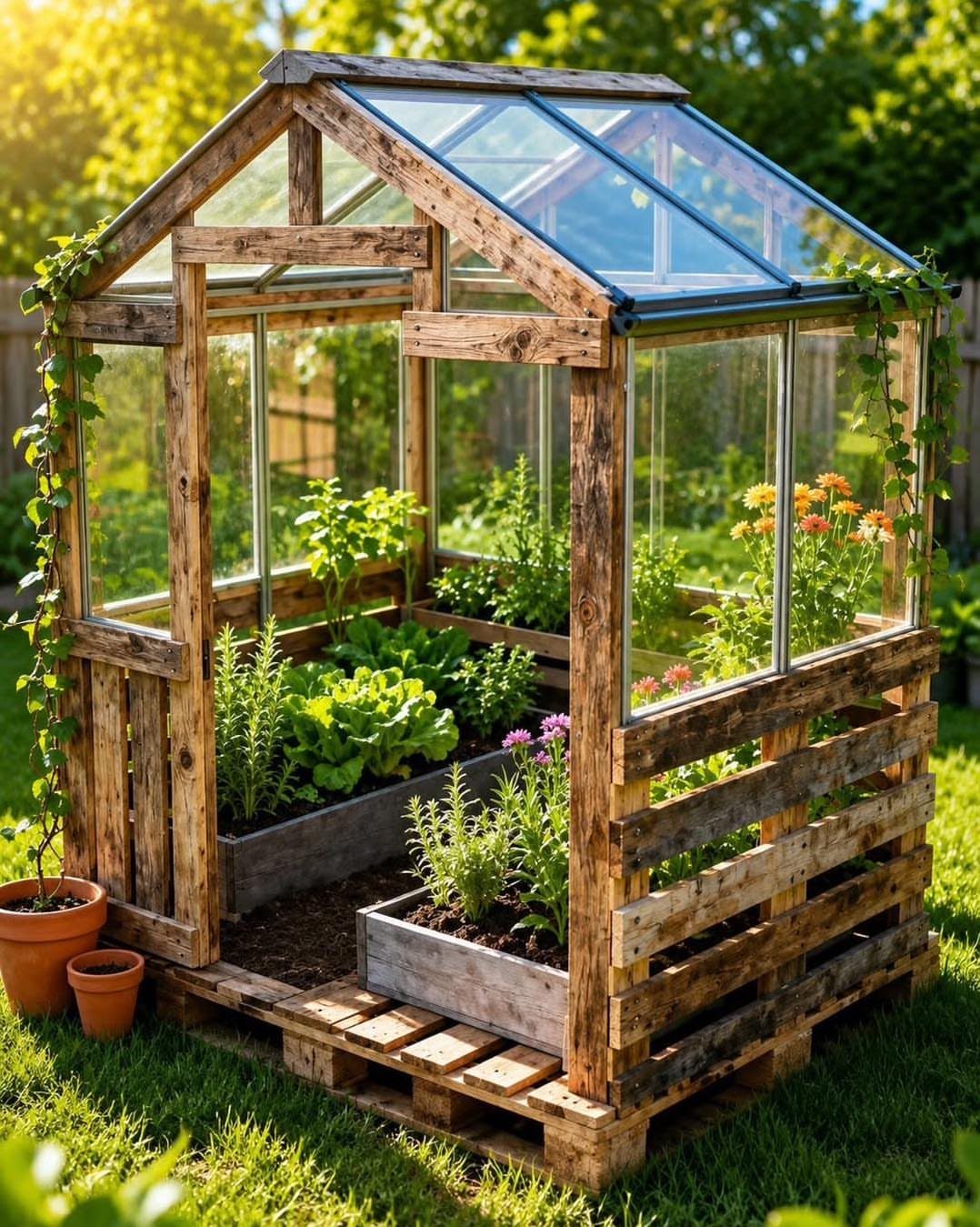 A small wooden greenhouse made of pallets containing various green plants and flowers in a sunny garden.