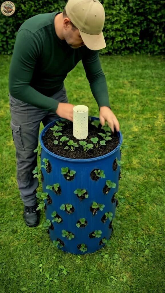 A man tending to a blue vertical planter barrel filled with growing strawberry plants in a garden.