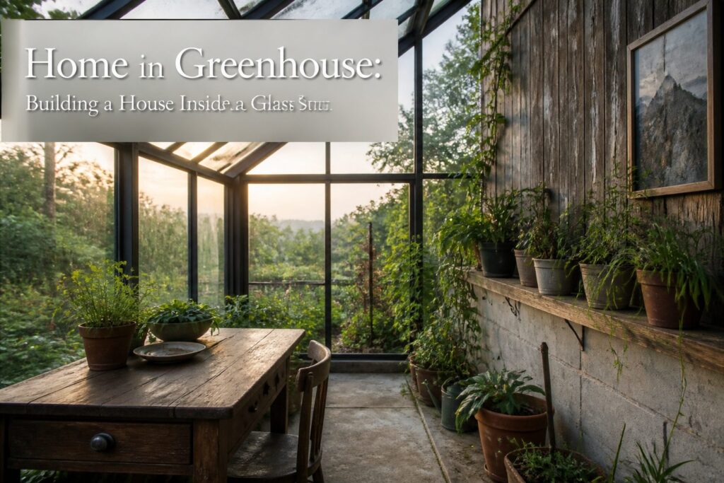 A house surrounded by a glass greenhouse structure.