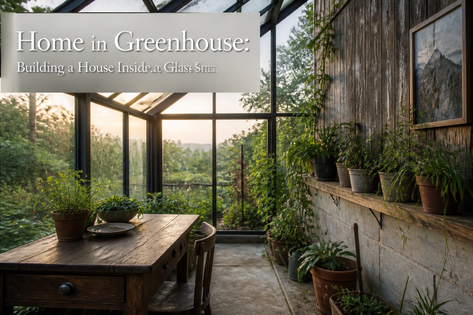 A house surrounded by a glass greenhouse structure.