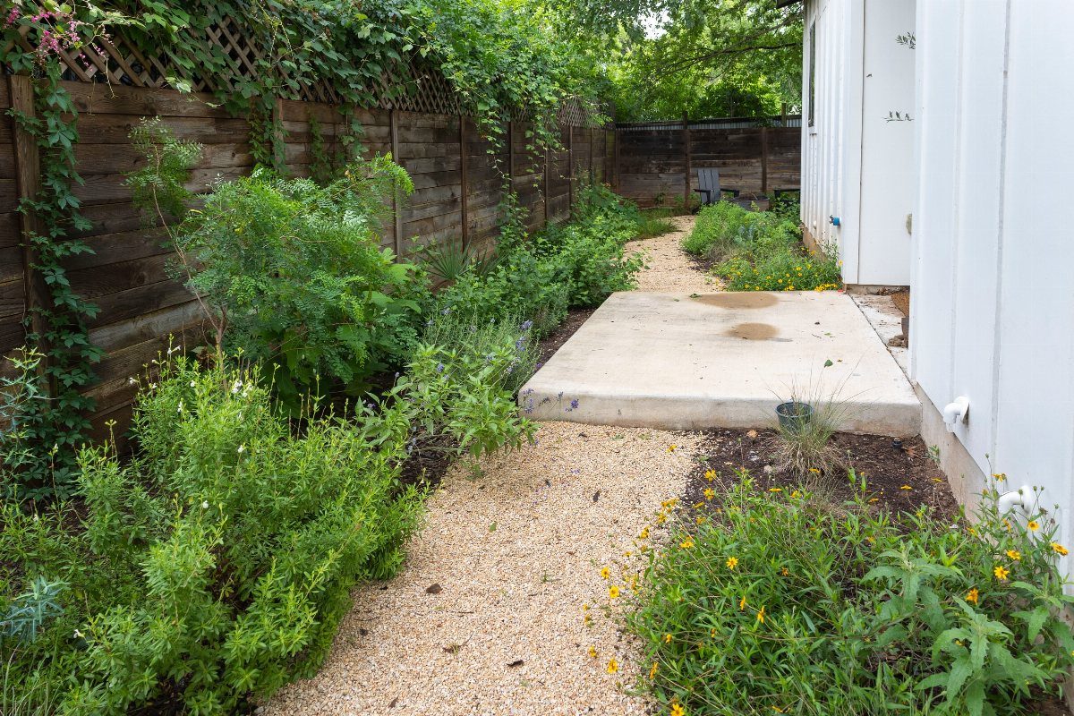 A gravel path winds through a garden with green plants and a concrete slab.