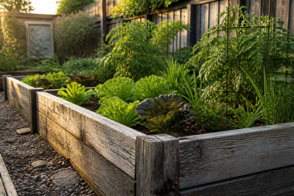 Raised bed garden filled with bush beans, spinach, herbs, and marigolds.