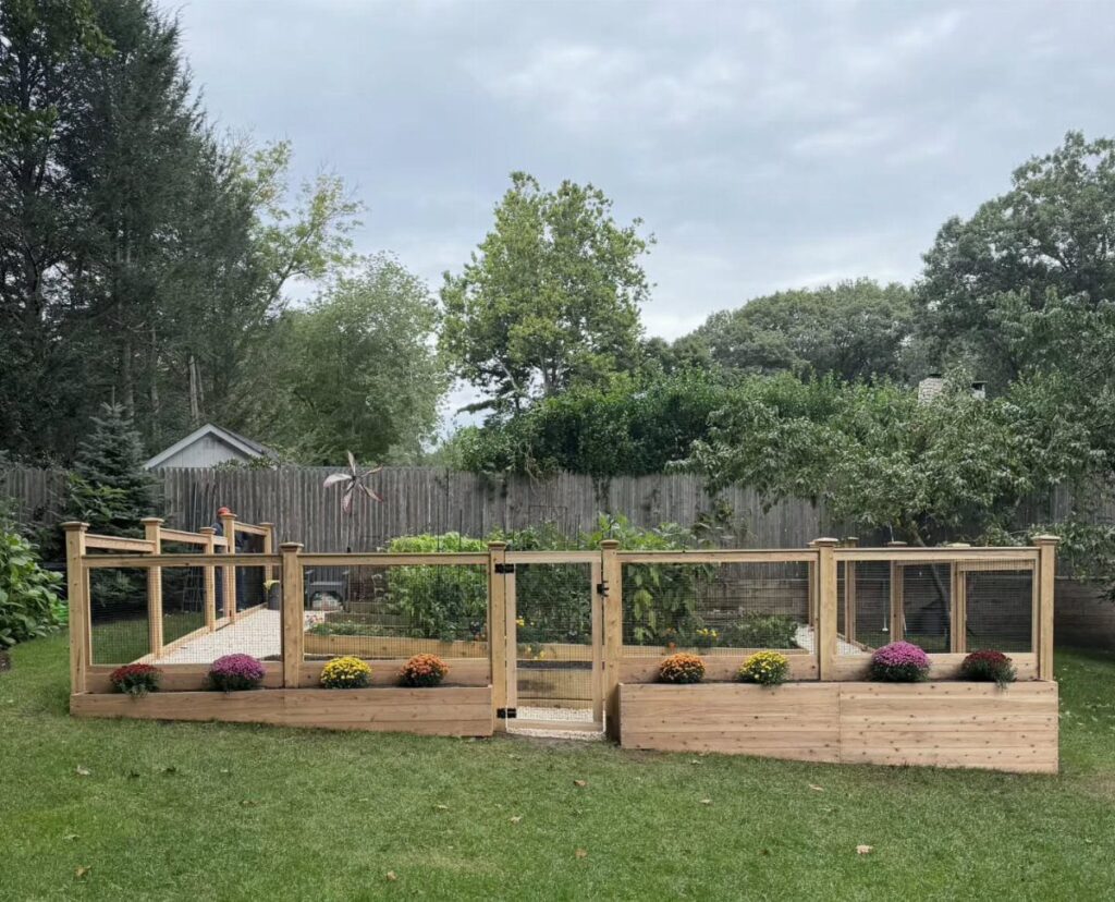 Wooden raised garden beds enclosed by a wire mesh fence in a lush green backyard.