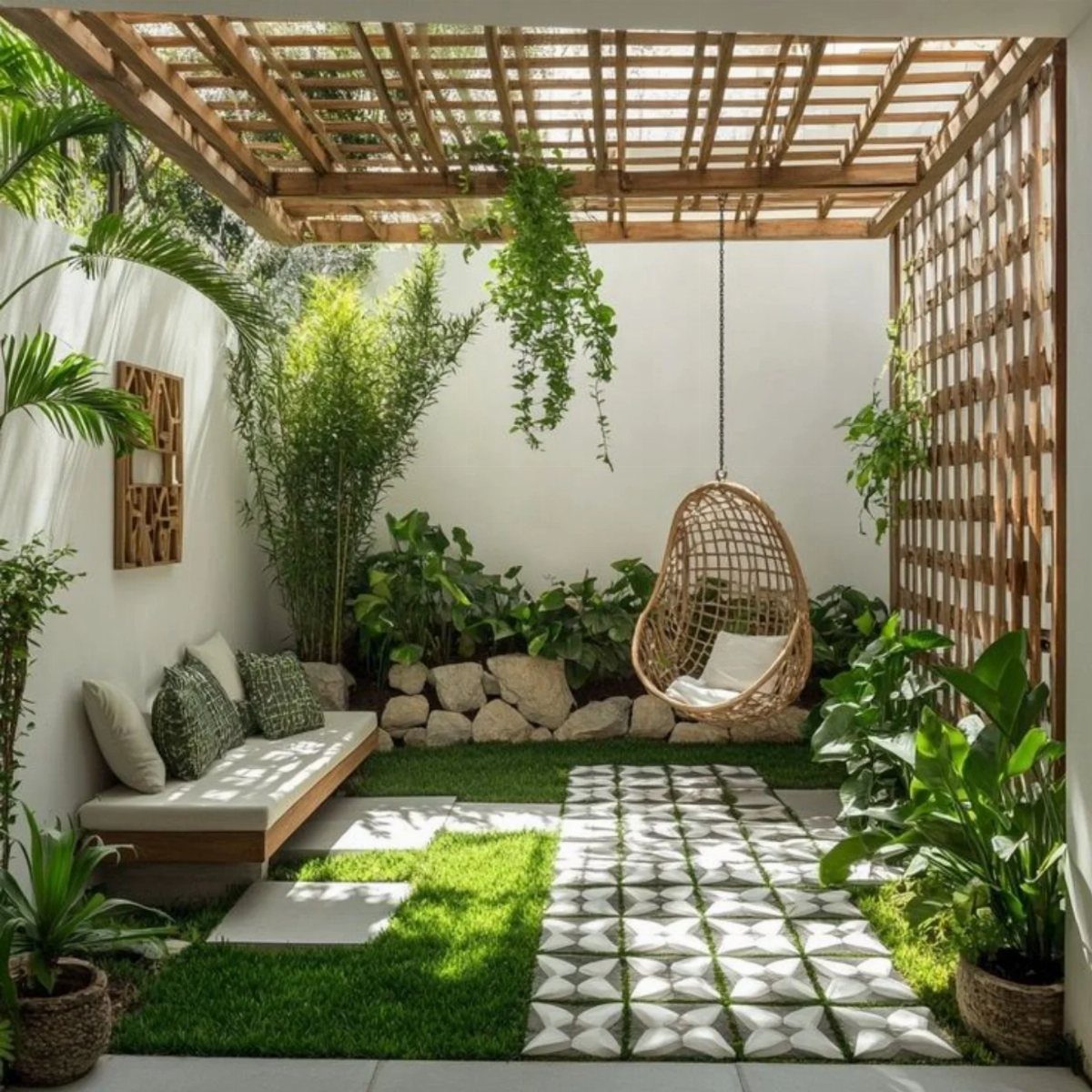 A small courtyard garden with a hanging wicker chair, wooden pergola, and lush green plants.