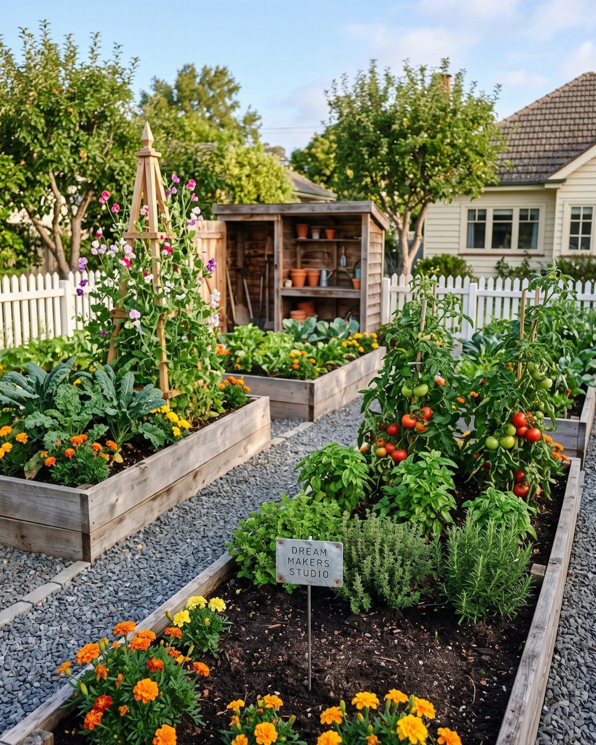 Wooden raised garden beds filled with green vegetables and orange marigolds on a gravel path.