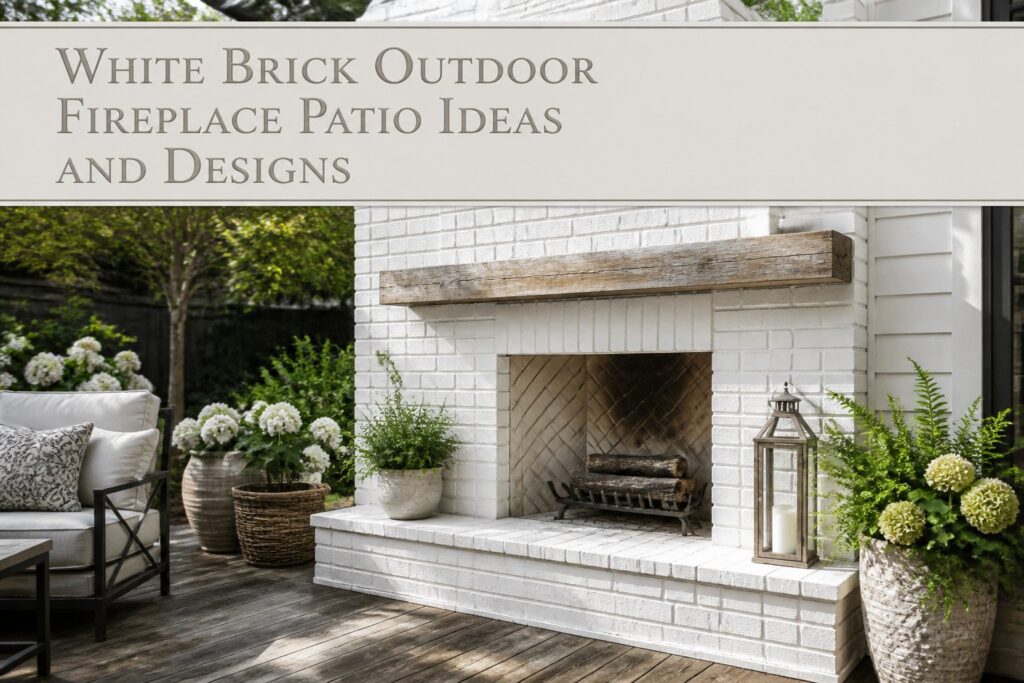 White brick outdoor fireplace surrounded by a cozy patio area.